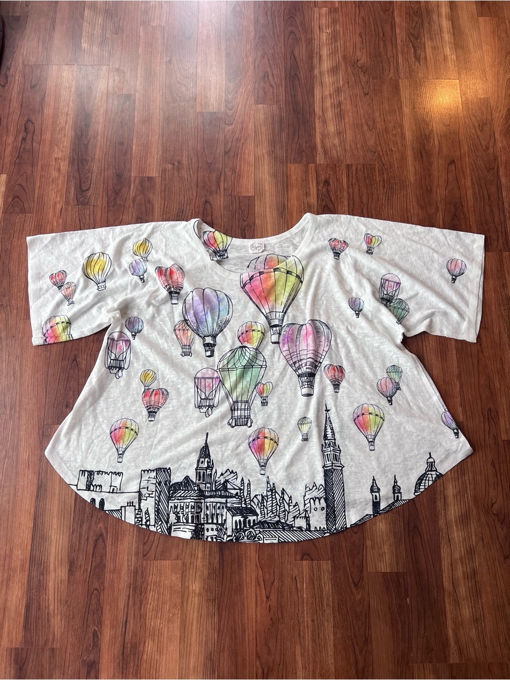 Et’Lois Women 1X Hot Air Balloon Cityscape Dolman Tunic Top Made USA